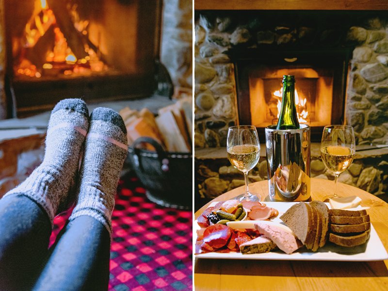 TChampagne and snacks enjoyed in front of the wood-burning fireplace at Emerald Lake Lodge